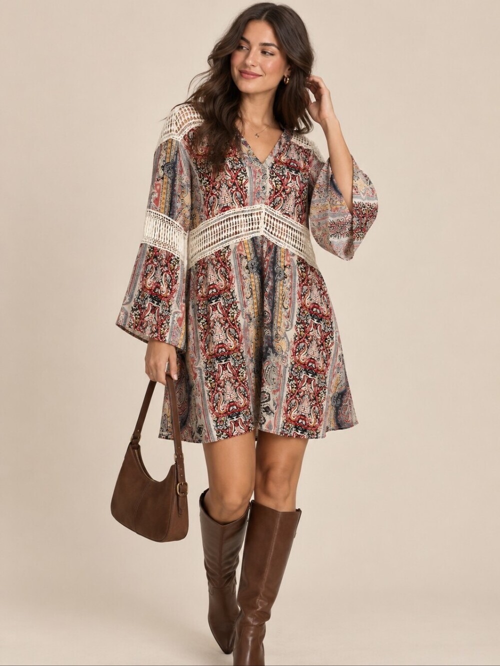 Lord&Taylor Paisley Crochet Trim Boho Chic Tunic Dress Bell Sleeves Cowgirl